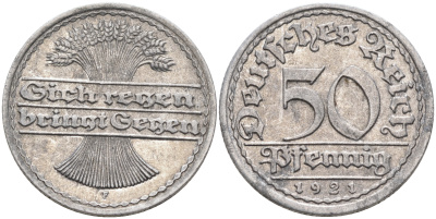 Германия 50 пфеннигов 1921 A KM 27, J.301, Weege 10 алюминий    4589-226