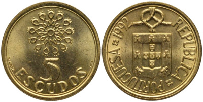 ПОРТУГАЛИЯ 5 ЭСКУДО 1992 KM 632 никель латунь UNC 181-344