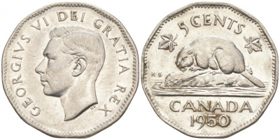Канада 5 центов 1950 бобр, Георг VI (1937-1952) KM 42 никель 73-1334