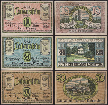 Лобенштайн полный набор из 3 нотгельдов (10, 25 и 50 пфеннигов) 1921 DeNG 2 809.1 бумага UNC (пресс) 7556-48-2-2