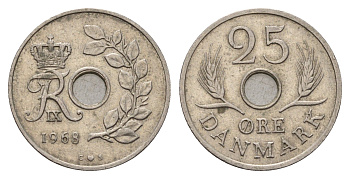 Дания 25 эре 1968 С; S, Фредерик IX (1947-1972) KM 855 медно-никель 3336-651