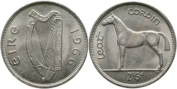 Ирландия 1/2 кроны = 2 шиллинга 6 пенсов 1966 лошадь KM 16а медно-никель 4531-914