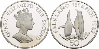 Фолклендские острова 50 пенсов 1987 серия 25 лет окружающей среды, королевские пингвины KM 25a серебро PROOF 04-312-45