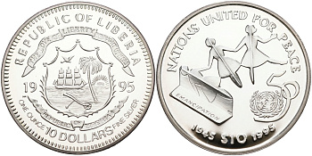 Либерия 10 долларов 1995 50 лет ООН (1945-1995) KM 194 серебро PROOF 00-00