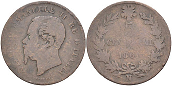 ИТАЛИЯ 5 ЧЕНТЕЗИМО 1861 N, МОНДВОР НЕАПОЛЬ, ВИКТОР ЭММАНУИЛ II (1861-1878) KM 3.3 медь 4525-121