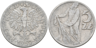 Польша 5 злотых 1959 MW, рыбак KM 47 алюминий 4565-112