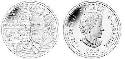 Канада 25 центов 2013 серия герои Канады в войне 1812-1815, Шарль-Мишель де Салаберри KM NEW никелированная сталь UNC M47-05