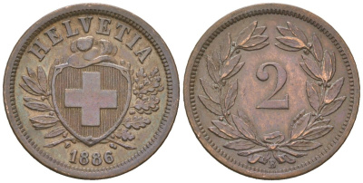 Швейцария 2 раппена 1886 B KM 4 бронза 4516-349