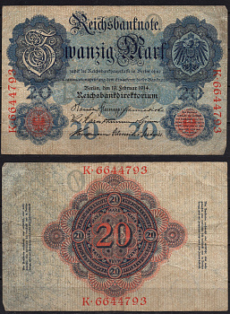 Германия 20 марок 1914 Pick 46b бумага 8592-38-3-2
