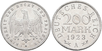 Германия 200 марок 1923 A KM 35, J. 304, Weege 22 алюминий UNC 4586-311