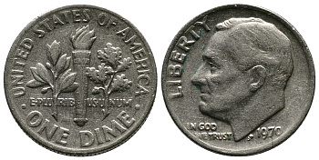 США 10 ЦЕНТОВ = 1 ДАЙМ 1970 РУЗВЕЛЬТ KM 195а медь плакированная медно-никелем 45-1235