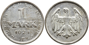 Германия 1 марка 1924 F KM 42, J. 311, Weege 14 серебро 4390-855