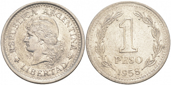 Аргентина 1 песо 1958 голова свободы влево KM 57 сталь плакированная никелем 68-555