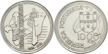 Португалия 1000 эскудо 1994 Тордесильясский договор 1494 года KM 675 серебро UNC 3896-144