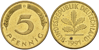 ФРГ 5 пфеннигов 1991 D KM 107, J.382 сталь плакированная латунью 4174-1113