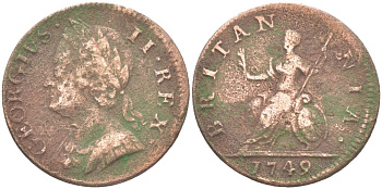 Великобритания 1 фартинг 1749 Георг II (1727-1760) KM 581.2, Spink 3722 медь 4613-347