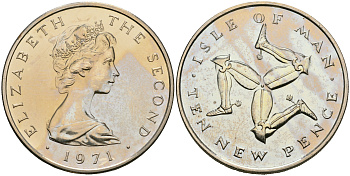 Остров Мэн 10 пенсов 1971 Елизавета II (1952-2022), тираж 10000 экземпляров КМ 23 медно-никель PROOF 08-422