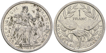 Французская Новая Каледония 1 франк 1988 птица кагу, (IEOM) KM 10, Schoen 10, Lec 48 алюминий 51-5145
