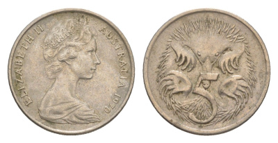 Австралия 5 центов 1970 Елизавета II (1952-2022) молодой портрет, ехидна KM 64 медно-никель 4151-954