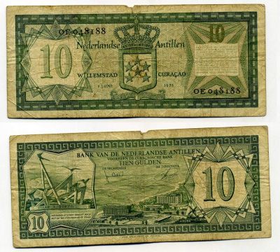 Нидерландские Антилы 10 ГУЛЬДЕНОВ 1972 Pick 9b бумага 8595-7-4-1