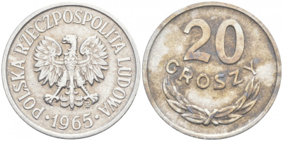 ПОЛЬША 20 ГРОШЕЙ 1965 MW KM А47 алюминий 4516-323