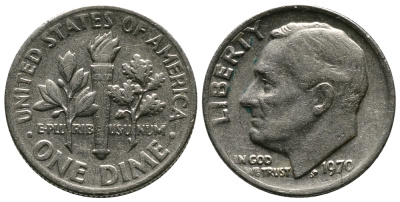 США 10 ЦЕНТОВ = 1 ДАЙМ 1970 РУЗВЕЛЬТ KM 195а медь плакированная медно-никелем 45-1235