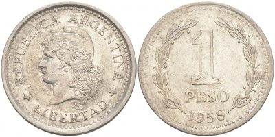 Аргентина 1 песо 1958 голова свободы влево KM 57 сталь плакированная никелем 68-555