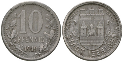 Изерлон (Пруссия, Вестфалия) 10 пфеннингов 1919 Funck 228.5A, Men05 12307.8, Men18 15462.8 железо 4586-1025