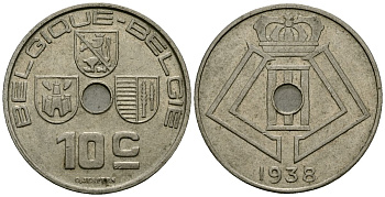 Бельгия 10 сантимов 1938 Belgique - Belgie KM 112 никель латунь 4121-243