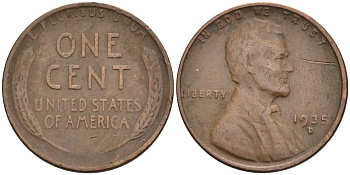 США 1 цент 1935 D, Линкольн KM 132 бронза 4580-365