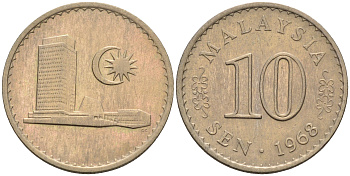 Малайзия 10 сенов 1968 здание Парламента KM 3 медно-никель 4588-1013