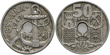 Испания 50 сентимо 1949 (56) Франко (1939-1975), морская атрибутика KM 777 медно-никель 4579-834