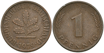 ФРГ 1 пфенниг 1979 D KM 105, J.380 сталь плакированная медью 08-1325