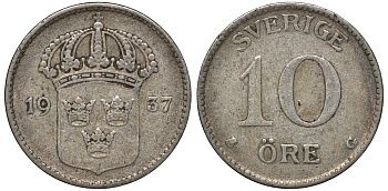 Швеция 10 эре 1937 G, Густав V (1907-1950) KM 780 серебро 4179-625