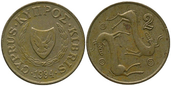 Кипр 2 цента 1994 KM 54.3 никель латунь 4158-461