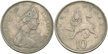 Великобритания 10 пенсов 1969 Елизавета II (1952-2022) KM 912, Spink 4231 (F1) медно-никель 4117-916