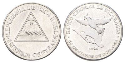 Никарагуа 50 сентаво 1994 голубь мира KM 83 хромированная сталь UNC 4625-223