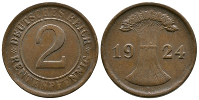ГЕРМАНИЯ 2 РЕНТЕНПФЕННИГА 1924 E KM 31, J.307 бронза 86-1832