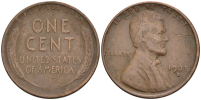 США 1 цент 1935 D, Линкольн KM 132 бронза 4580-365
