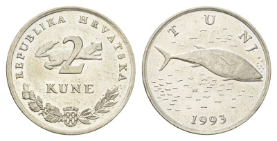Хорватия 2 куны 1993 тунец, нечетный год KM 10 медь цинк никель  UNC  4660-411