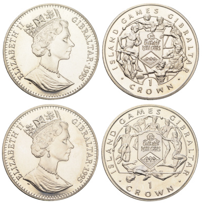 Гибралтар полный набор из 2 монет (1 крона) 1995 VI Островные игры KM 329 и 331 медно-никель BU 1524-1844-1845