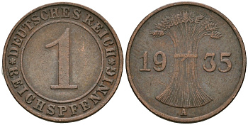 Германия 1 рейхспфенниг 1935 A KM 37, J. 313 бронза 4189-1268