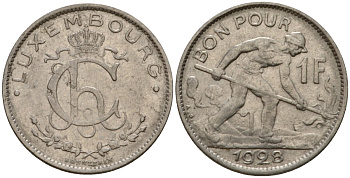 Люксембург 1 франк 1928 сталевар, Шарлотта (1918-1964) KM 35 никель 4603-1054