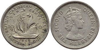 Британские Восточно-Карибские территории 10 центов 1956 Елизавета II (1952-2022), парусник KM 5 медно-никель 4387-342