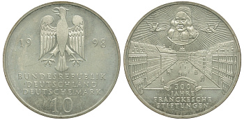 ФРГ 10 марок 1998 A, 300 лет благотворительному фонду францисканцев KM 194 серебро UNC 413-5633