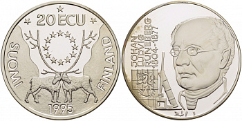 Финляндия 20 экю 1995 Йохан Людвиг Рунеберг серебро PROOF 01-149-23