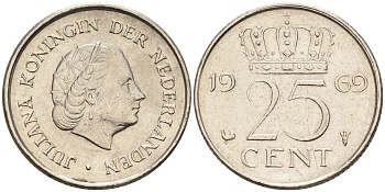 Нидерланды 25 центов 1969 Юлиана (1949-1980) KM 183 никель    4174-656