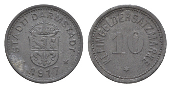 Дармштадт 10 пфеннигов 1917 Funck 88.1A, Men05 4934.1, Men18 6167.1 цинк 4643-946