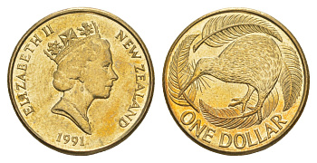 Новая Зеландия 1 доллар 1991 Елизавета II (1952-2022), птица киви KM 78 алюминиевая бронза UNC 4652-717