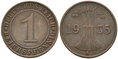 Германия 1 рейхспфенниг 1935 A KM 37, J. 313 бронза 4189-1268